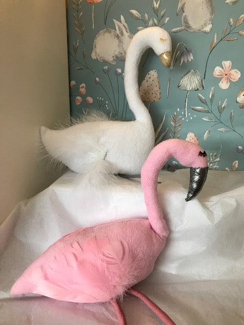 Large pink Shelf Flamingo or Large Shelf Swan with real feathers. Both have sparkly beaks, long legs with real feathers for their wings ! The measurement of each are 38cm high x 28cm wide