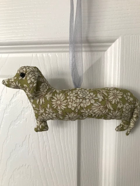 Rose and Hubble fabric hanging Dachshund home decoration, beautiful gift for the home in green.