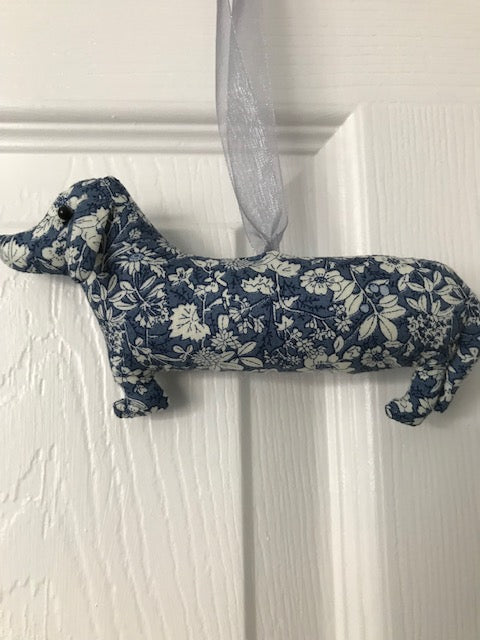 Rose and Hubble fabric hanging Dachshund home decoration, beautiful gift for the home in navy blue.
