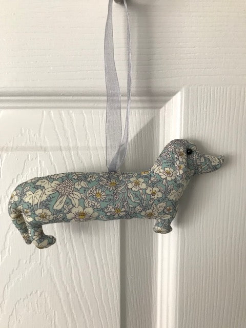 Rose and Hubble fabric hanging Dachshund home decoration, beautiful gift for the home in blue.