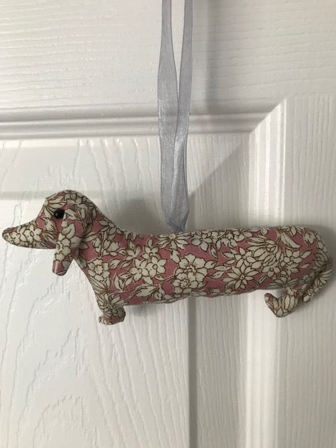 Rose and Hubble fabric hanging Dachshund home decoration, beautiful gift for the home in pink.