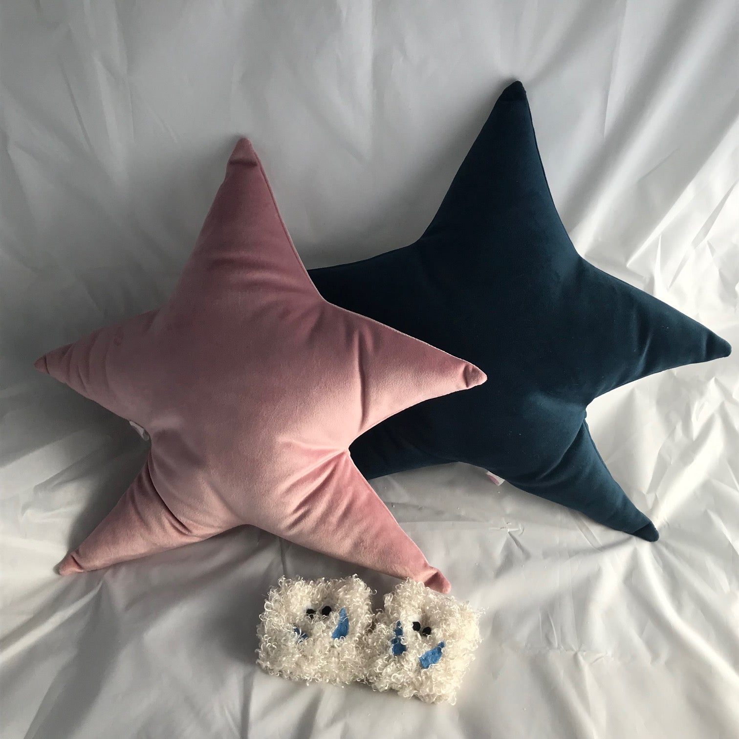 Star Faux Velvet Cushions in gold, cerise, purple, navy blue and pink. Perfect for cosy corners in kids bedrooms.