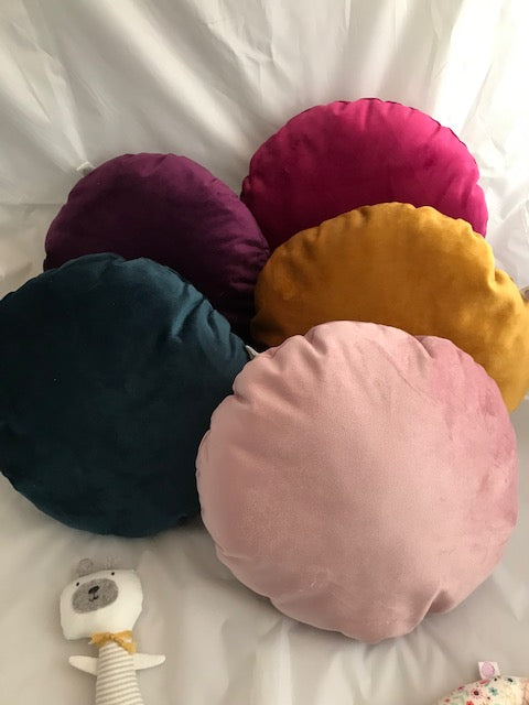 Star, rectangle and round Faux Velvet Cushions in gold, cerise, purple, navy blue and pink. Perfect for cosy corners in kids bedrooms.