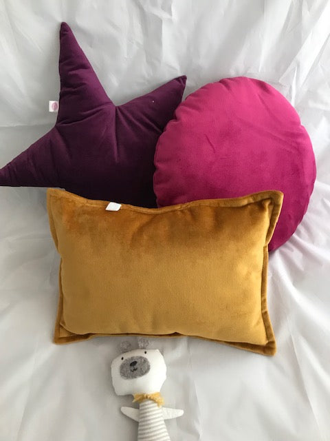 Star, rectangle and round Faux Velvet Cushions in gold, cerise, purple, navy blue and pink. Perfect for cosy corners in kids bedrooms.