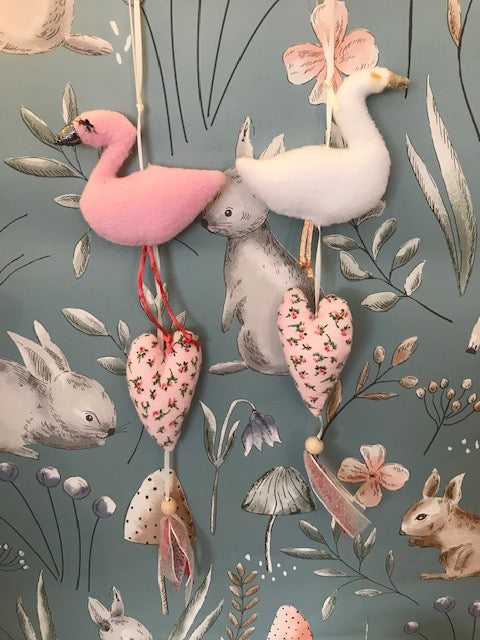 Flamingo and Heart or Swan and Heart hanging door gift with lace and a bead it is a perfect handmade unique gift for any baby nursery or children’s bedroom. Can be hung on a door or pinned to the wall.