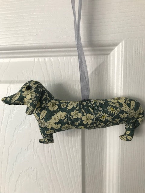 Rose and Hubble fabric hanging Dachshund home decoration, beautiful gift for the home in teal.
