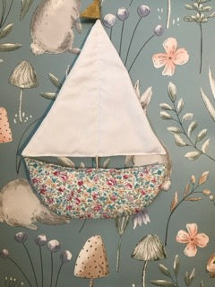 Large Sail Boat wall hanging. A floral boat with a white cotton sail. It has a hook sewn to the back ready to hang. Children’s bedroom decor. Garland available.