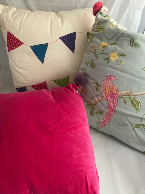 Handmade Laura Ashley Bird Cushion, Faux Velvet, and hand sewn Bunting Cushions. These square cushions are perfect for children’s bedrooms.