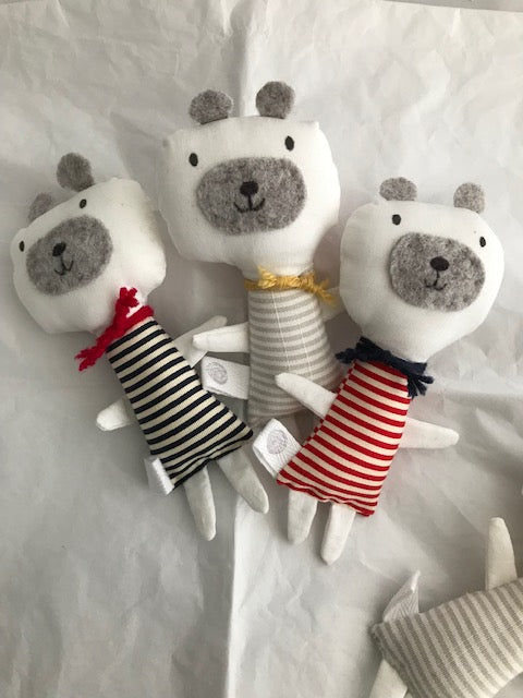 Baby friendly soft cloth striped bears they have a wool neck tie, grey felt faces and ears. Lovely unique baby and toddler gifts. No loose bits so perfectly safe for babies to hold.