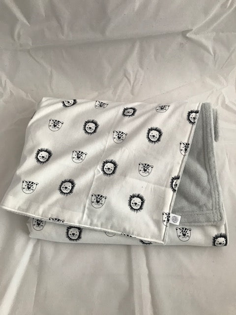 Grey Cuddle Fleece Blanket with lion and tiger organic cotton backing perfect for the pushchair or just as a comforter. Available in Blue, Baby Pink, Soft Grey or Heather. Great for baby shower gifts.