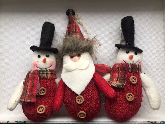 Three Christmas Tree Decorations with beads for eyes, rosy cheeks, checked neck scarf and buttons on his body, these make lovely unique Christmas Decor. One Santa and two Snowmen. These make perfect Gifts.