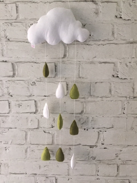 Felt Cloud and Raindrop Wall Hanging  perfect for a baby shower gift.  There are a choice of colours and have a sewn loop on one side for easy hanging, just pop onto the bedroom wall!