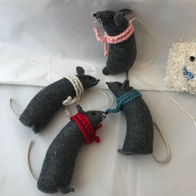 Four grey Mice Christmas Tree Decorations with a tail, whiskers, little ears and a knitted wool scarf in pink, blue, red and white. Unique handmade Christmas Decor.