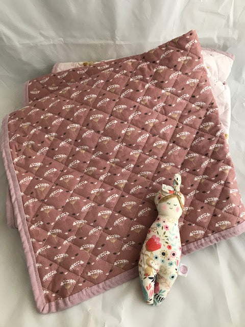 Minissou Mice quilted Fabric Baby play mat or blanket. Large rectangle hand sewn, lightly quilted using a light soft organic cotton with a matching binding and a contrasting cotton backing perfect for Baby Nursery.