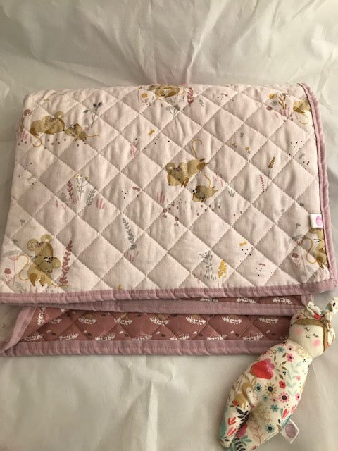 Minissou Mice quilted Fabric Baby play mat or blanket. Large rectangle hand sewn, lightly quilted using a light soft organic cotton with a matching binding and a contrasting cotton backing perfect for Baby Nursery.
