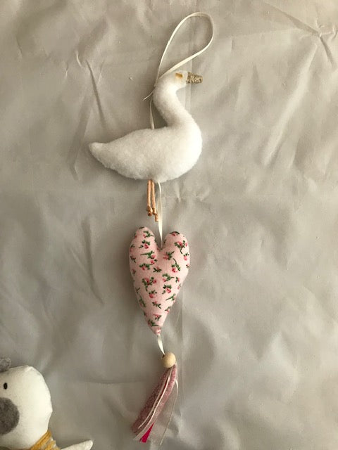 Swan and Heart hanging door gift with lace and a bead it is a perfect handmade unique gift for any baby nursery or children’s bedroom. Can be hung on a door or pinned to the wall.
